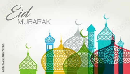 Eid Mubarak: A vibrant vector illustration of intricately designed mosque domes, celebrating the festival with colorful, joyful greetings.