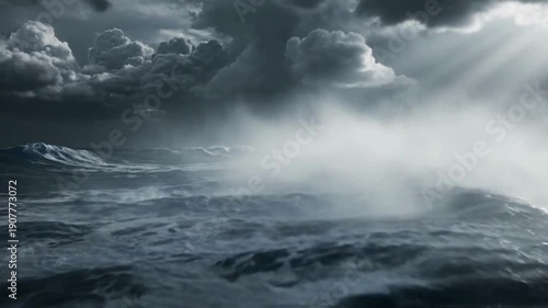 Dramatic stormy ocean waves crashing in slow motion under dark sky
