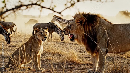 Wallpaper Mural Powerful Male Lion Roaring at a Lioness in the African Savanna at Sunset. Torontodigital.ca
