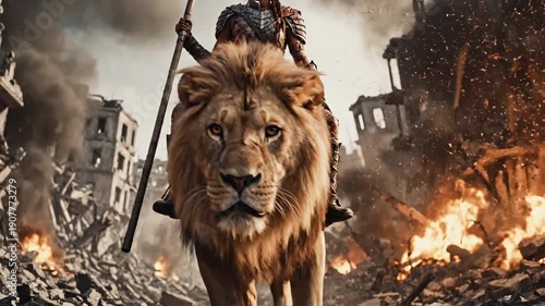 Wallpaper Mural Warrior Riding Majestic Lion Through Devastated City Amidst Flames and Rubble. Torontodigital.ca