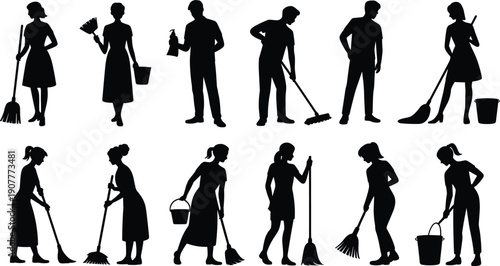 Cleaning people silhouette set with men and women sweeping, mopping and carrying buckets, housework and janitorial service vector icons
