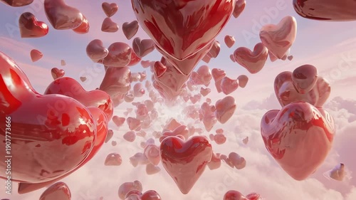 Glossy, heart-shaped balloons float upwards in a cloudy sky, forming a romantic, ethereal scene
