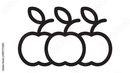 Apples black outline set with leaves and stems, simple icon design for fruit or healthy eating concepts featuring minimalist graphics, line art, food illustrations with icons and graphic resources
