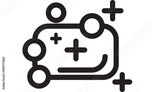 Sponge cleaning icon with soap bubbles and sparkle symbols, minimalist black outline pictogram for hygiene, dishwashing, household chores, app UI and web design