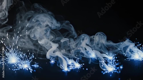 Glowing blue sparks burst alongside rising, ethereal white smoke against a dark backdrop