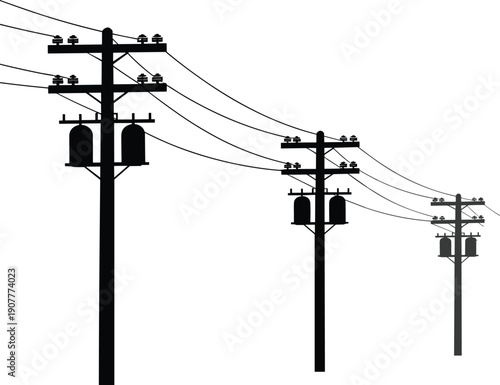 Electric utility power line poles with transformers and overhead cables in perspective silhouette black vector illustration