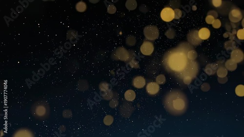 Glowing bokeh and star particles float against a dark blue gradient backdrop