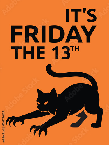 Spooky black cat on orange background with Friday the 13th text