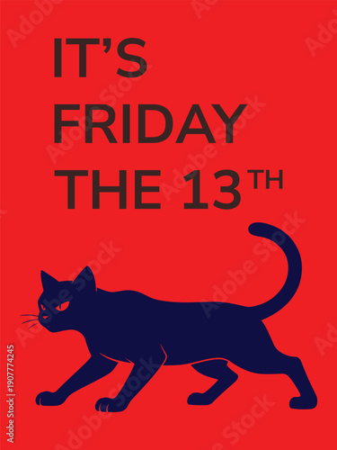 Spooky black cat walking on Friday the 13th with ominous red background