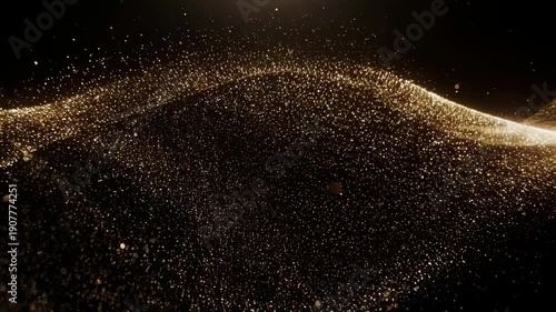 Glowing gold particles flowing in a dark space, forming a wave-like structure