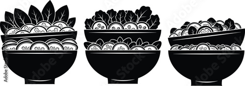 Set of three fresh vegetable salad bowl silhouettes with detailed white line art highlights, professional vector illustration for healthy eating and organic food design.