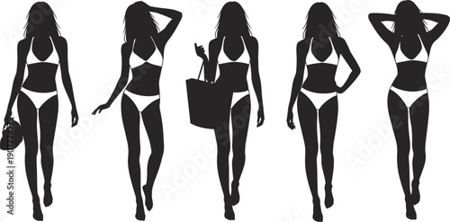 Fashion female model silhouettes in bikini with shopping bag walking poses isolated black vector illustration set