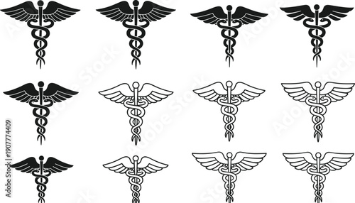 Set of medical caduceus symbol vector illustrations featuring winged staff and snakes in various black silhouette and thin line art styles on white.
