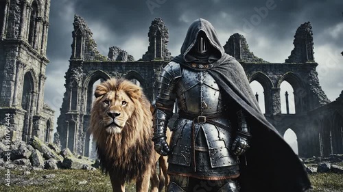 Wallpaper Mural Mysterious Knight and Majestic Lion Amidst Ancient Ruins. Torontodigital.ca