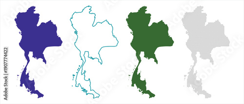 Thailand Map Silhouettes in Blue, Outline, Green, and Patterned Styles