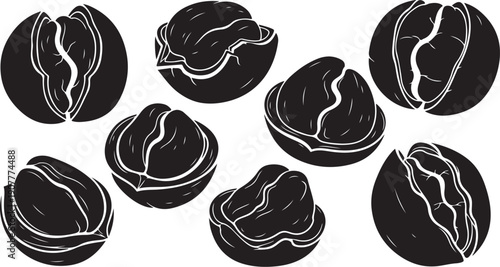 Black and white illustration of cracked open nuts variety