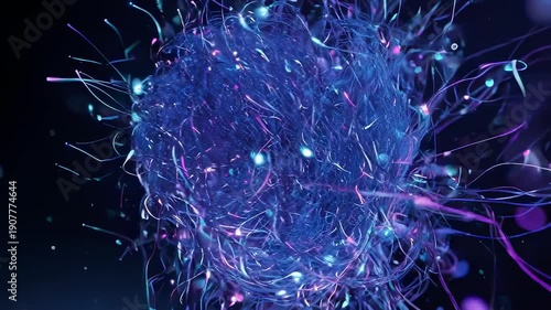 Glowing orb with fluid-like tendrils and scattered particles, set against a dark backdrop