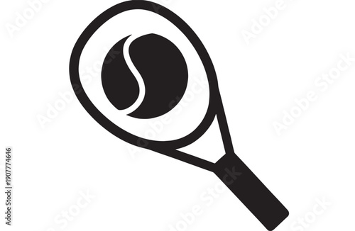 Racket tennis icon with ball in center, black silhouette pictogram isolated on white background, minimal flat vector symbol for sport app UI, logo, and signage