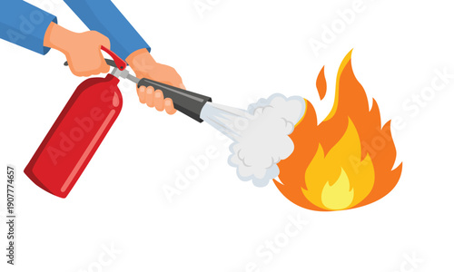 Hands holding fire extinguisher to extinguish the burning fire 