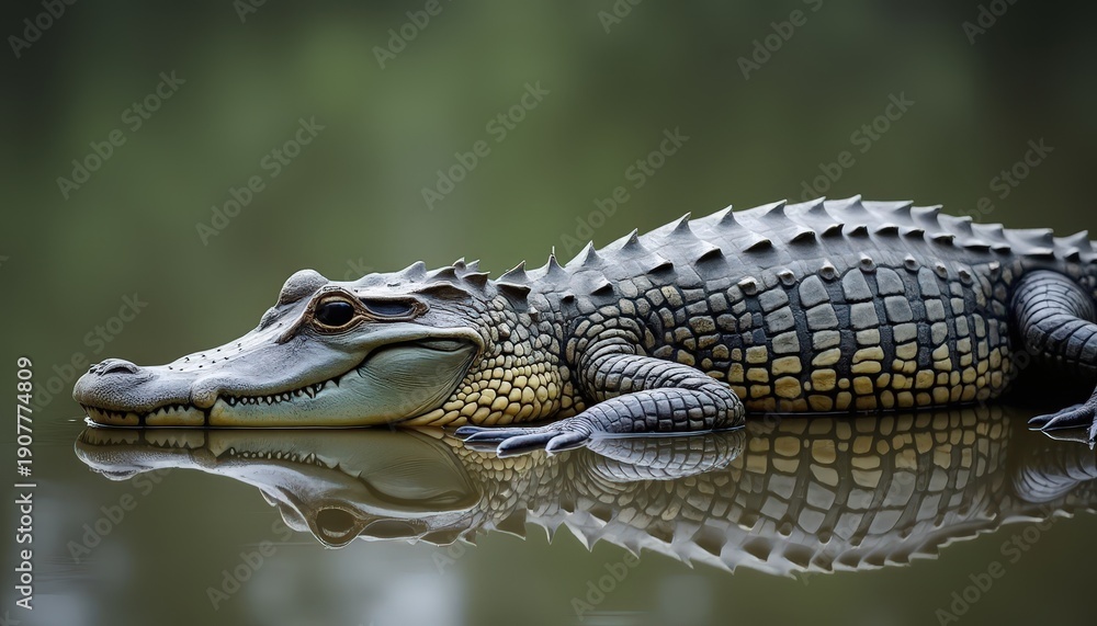Obraz premium Detailed Alligator Resting on Water Surface with Reflection Greenery Background