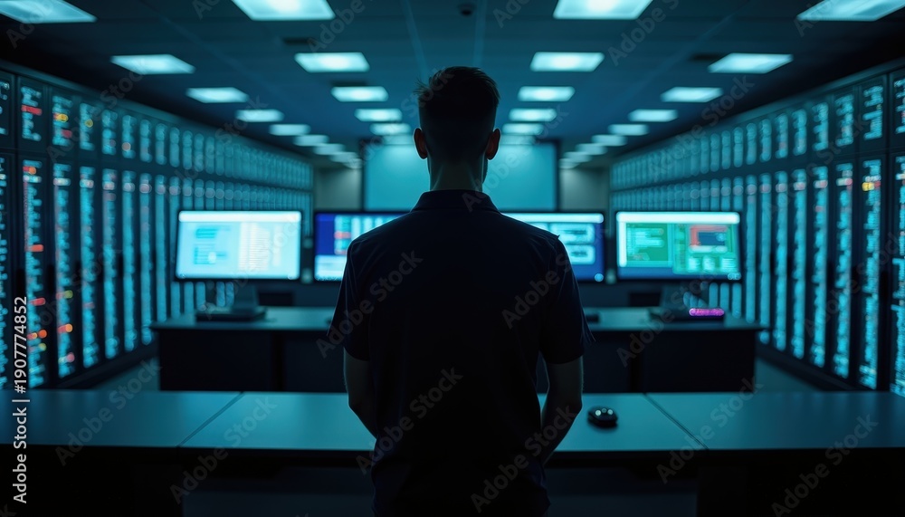 Fototapeta premium Man Stands In A Server Room With Rows Of Racks And Computer Monitors Displaying Data In Blue Lighting