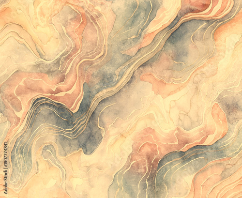 Abstract illustration with marble-like texture in warm gold, grey, blue, pink and white colours to be used as wallpaper, poster and banner design