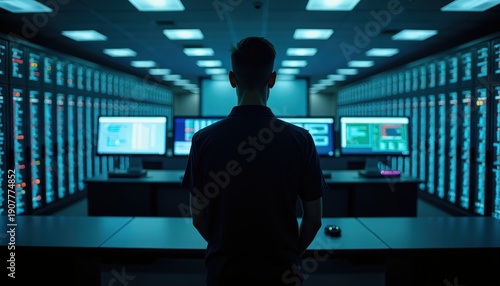Man Stands In A Server Room With Rows Of Racks And Computer Monitors Displaying Data In Blue Lighting