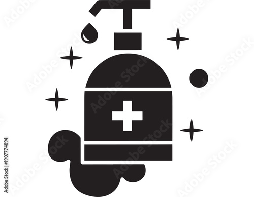 Disinfectant pump bottle icon with medical cross symbol, sanitizer liquid drop and sparkle shine, black glyph silhouette for hygiene, cleaning, antiseptic and healthcare