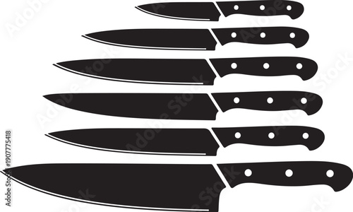 Set of black kitchen knives on white background illustration