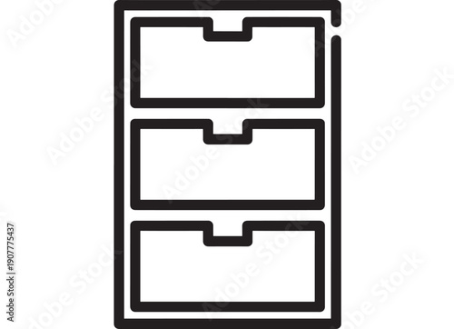 Cabinet drawers icon with three storage compartments, minimal black outline pictogram for office furniture, filing system, organization app UI symbol isolated on white