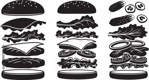 Black and white illustration of burger ingredients and toppings