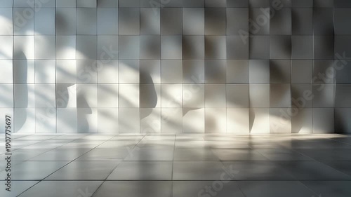 Interior render of a bright, modern space with textured wall and tiled floor. Light and shadow interplay