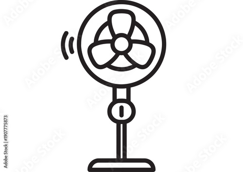 Fan electric desk icon with spinning blades and airflow motion lines, minimal black outline symbol for cooling, ventilation, air circulation, and summer climate control