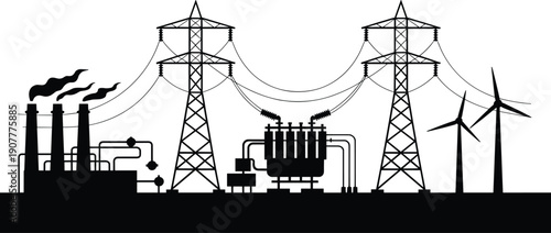 Power generation and transmission silhouette with factory plant, transformers, high voltage towers and wind turbines, energy grid infrastructure vector illustration