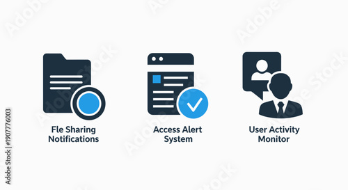 Modern icons for file sharing notifications, access alert systems, and user activity monitoring, signifying digital security and data management.