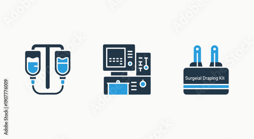 Set of three medical icons: an IV drip, a patient monitor, and a surgical draping kit, representing hospital equipment and surgical procedures.