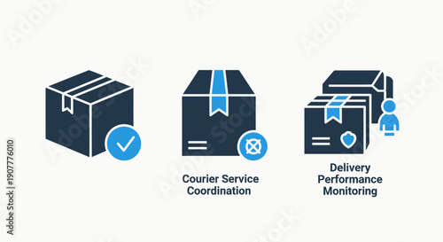 Icons for courier service coordination and delivery performance monitoring, featuring boxes, a checkmark, and a shield, emphasizing logistics efficiency.