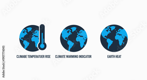 Set of three icons depicting Earth with a thermometer, a climate warming indicator, and global heat, symbolizing climate change and environmental issues.