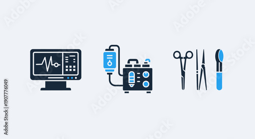 Medical icons including a patient monitor, an IV infusion pump, and surgical instruments, representing surgical procedures and intensive care.