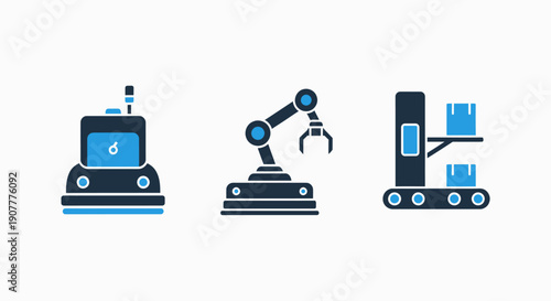 Robotics and automation icons: autonomous mobile robot, robotic arm, and conveyor belt with boxes, representing industrial automation and future manufacturing.