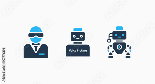 Advanced Robotics, Voice Picking Automation, and Futuristic Human-Robot Interaction Icons in Modern Flat Blue Style