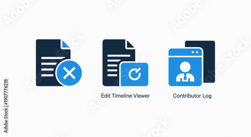 Document Management Icons for File Deletion, Edit Timeline Viewer, and Contributor Log Tracking in Flat Blue Style