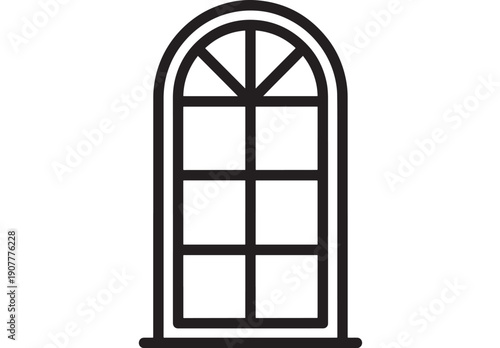 Window arched line icon with pane grid and semicircle top frame, black outline symbol isolated on white background for architecture, home interface, UI and signage