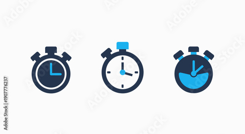 Stopwatch and Timer Icons for Time Management, Efficiency, and Deadline Tracking in Modern Flat Blue Style