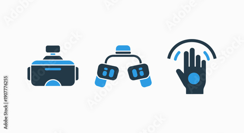 Virtual Reality Headset, Controllers, and Hand Gesture Interaction Icons for Immersive Digital Experiences