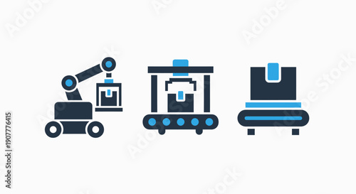 Industrial automation icons: robotic arm with box, automated assembly machine, and robotic unit for manufacturing and logistics.