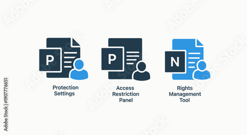 Icons for data management: protection settings, access restriction panel, and rights management tool, with file and user symbols in dark navy and blue