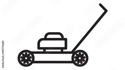 Lawn mower icon in black outline style with wheels and long handle, simple flat pictogram isolated on white background for gardening, landscaping, app UI and signage
