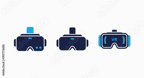 Collection of VR headset icons showcasing different styles and designs for virtual reality technology and experiences, in dark navy and blue