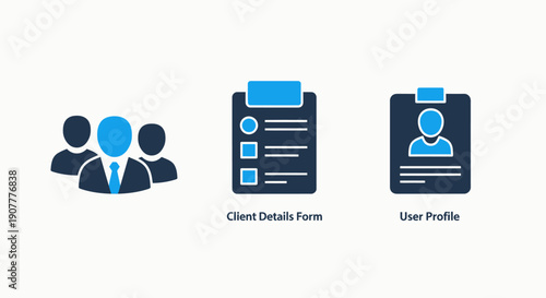 Icons representing teams, client forms, and user profiles, indicating customer data, management, and identity.